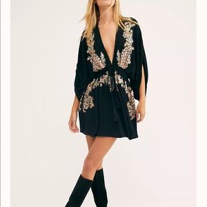 Free People Black Mini Dress with Gold Embroidery